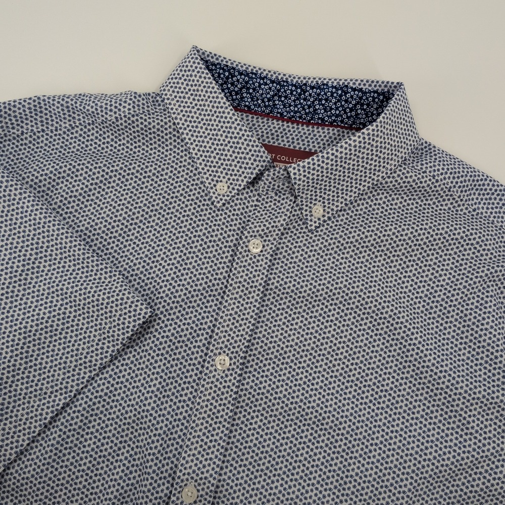 Report Collection Mens XL Hyper Stretch Button Down Shirt Blue White Floral Golf